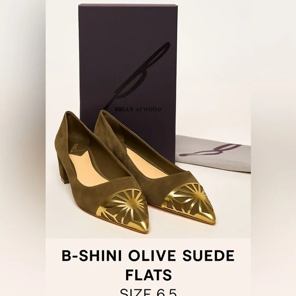 Brian Atwood Olive Suede Flats with Gold Detail – Size 6.5 - Picture 9 of 9